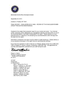 TVA RESTRICTED INFORMATION  Memorandum from the Office of the Inspector General September 24, 2013 Charles G. Pardee, WT 7B-K