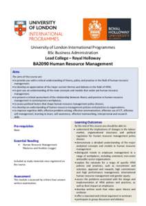 University of London International Programmes BSc Business Administration Lead College – Royal Holloway BA2090 Human Resource Management