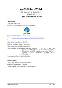 euRathlon 2014 29th September - 3rd October 2014, La Spezia, Italy Team Information Form Team Details