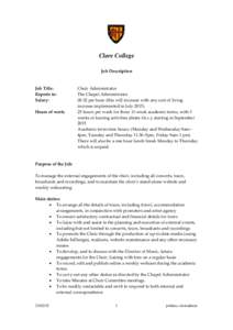 Clare College Job Description Job Title: Reports to: Salary: