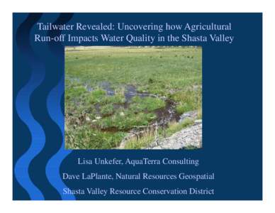 Tailwater Revealed: Uncovering how Agricultural Run-off Impacts Water Quality in the Shasta Valley Lisa Unkefer, AquaTerra Consulting Dave LaPlante, Natural Resources Geospatial Shasta Valley Resource Conservation Distri