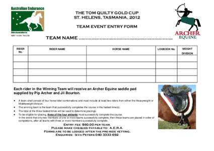 THE TOM QUILTY GOLD CUP ST. HELENS, TASMANIA, 2012 TEAM EVENT ENTRY FORM ABNRIDER
