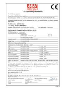 EC-Conformity Declaration For the following equipment： Product Name: Switching Power Supplies Model Designation: ELN-60-x (x=9,12,15,24,27,48,9D,12D,15D,24D,27D,48D,9P,12P,15P,24P,27P,48P) is herewith confirmed to comp