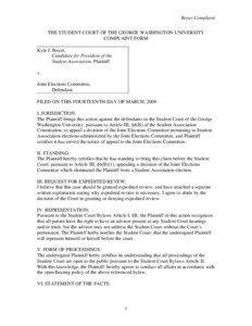 Boyer Complaint THE STUDENT COURT OF THE GEORGE WASHINGTON UNIVERSITY COMPLAINT FORM