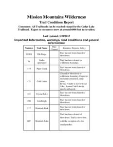 Mission Mountains Wilderness Trail Conditions Report Comments: All Trailheads can be reached except for the Cedar Lake Trailhead. Expect to encounter snow at around 6000 feet in elevation. Last Updated: Importa