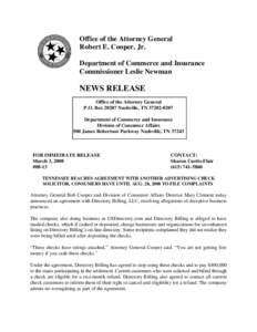 Office of the Attorney General Robert E. Cooper, Jr. Department of Commerce and Insurance Commissioner Leslie Newman  NEWS RELEASE