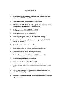 CONTENTS PAGE  1. Draft agenda of the preparatory meeting on 28 September 2011 in view of the 3rd EU-Iceland JPC