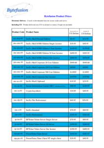 Bytefusion Product Prices Electronic Delivery - E-mail or downloaded from the secure credit card server. Including CD - Product delivered on a CD via airmail or courier. Freight not included. Product Code Product Name