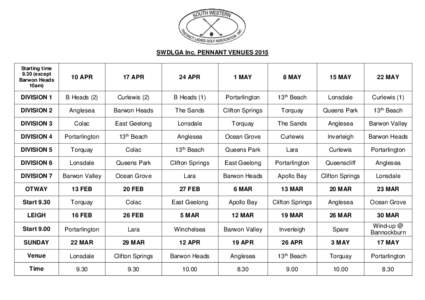 SWDLGA Inc. PENNANT VENUES 2015 Starting time[removed]except Barwon Heads 10am)