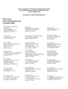 Notice of Completion for Draft Environmental Impact Report The Simulation of Natural Flows in Middle Piru Creek (SCH No[removed]Attachment B: Draft EIR Distribution List  Piru Creek