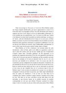 Jean-Michel Salanskis - Recension de Brice Halimi, Le nécessaire et l’universel. Analyse et critique de leur corrélation, Paris, Vrin, 2013