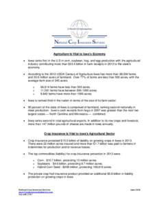 Agriculture Is Vital to Iowa’s Economy  Iowa ranks first in the U.S in corn, soybean, hog, and egg production with the agricultural industry contributing more than $33.4 billion in farm receipts in 2013 to the state