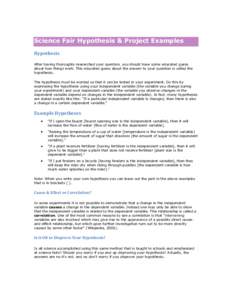 Science Fair Hypothesis & Project Examples Hypothesis After having thoroughly researched your question, you should have some educated guess about how things work. This educated guess about the answer to your question is 