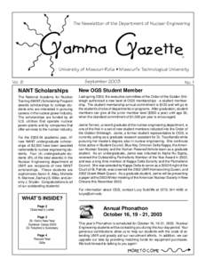 The Newsletter of the Department of Nuclear Engineering   University of Missouri-Rolla  Missouris Technological University September 2003