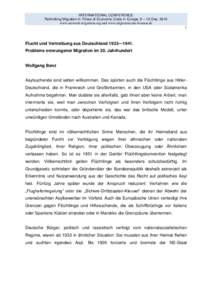 INTERNATIONAL CONFERENCE Rethinking Migration in Times of Economic Crisis in Europe, 9 – 10 Dec[removed]www.network-migration.org and www.migremus.uni-bremen.de 1  Flucht und Vertreibung aus Deutschland 1933—1941.