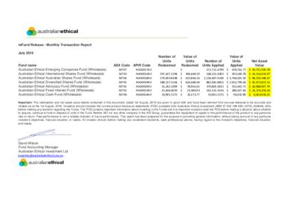 mFund Release - Monthly Transaction Report July 2016 Fund name Australian Ethical Emerging Companies Fund (Wholesale) Australian Ethical International Shares Fund (Wholesale)