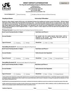 DIRECT DEPOSIT AUTHORIZATION  Reset Form For Payroll and Employee Expense Reimbursements Submit this form to: