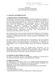 BEILAGE 4 zum Mitteilungsblatt 20. Stück, Nr2009, Curriculum für das Masterstudium PSYCHOLOGIE an der Alpen-Adria-Universität Klagenfurt