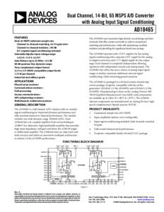 AD10465 Dual Channel, 14-Bit, 65 MSPS A/D Converter with Analog Input Signal Conditioning (Rev. A) Data Sheet