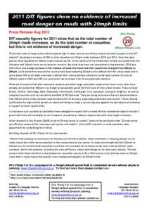 2011 DfT figures show no evidence of increased road danger on roads with 20mph limits Press Release Aug 2012 DfT casualty figures for 2011 show that as the total number of 20mph roads increases, so do the total number of