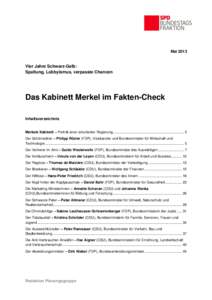 Mai[removed]Vier Jahre Schwarz-Gelb: Spaltung, Lobbyismus, verpasste Chancen  Das Kabinett Merkel im Fakten-Check