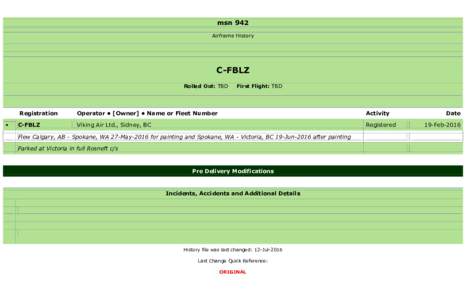 msn 942 Airframe History C-FBLZ Rolled Out: TBD