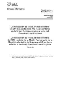 INFCIRC/855/Corr.1 and INFCIRC/856/Corr.1 - Communication dated 27 November 2013 received from the EU High Representative concerning the text of the Joint Plan of Action - Spanish