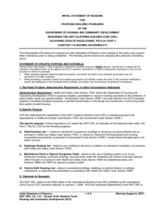 INITIAL STATEMENT OF REASONS FOR PROPOSED BUILDING STANDARDS OF THE DEPARTMENT OF HOUSING AND COMMUNITY DEVELOPMENT REGARDING THE 2007 CALIFORNIA BUILDING CODE (CBC)