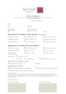 Club Affaires  (non commissionnable, valable du 01 novembre au 19 décembre 2010, par nuit et par chambre) du 1er mai au 31 Octobre[removed]Tarifs[removed]