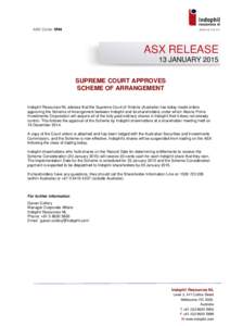 Microsoft Word[removed]ASX 2015_01_13 - Supreme Cout approves Scheme of Arrangement