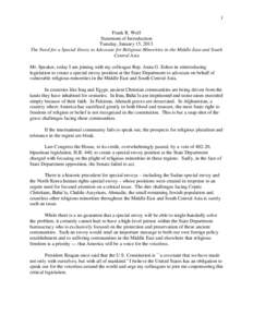 1 Frank R. Wolf Statement of Introduction Tuesday, January 15, 2013 The Need for a Special Envoy to Advocate for Religious Minorities in the Middle East and South Central Asia