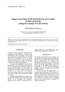 Limnological Review–10  Impact assessment of the hydroelectric power plant on lake ecosystems (using the example of Lake Oświn) ElŜbieta Bajkiewicz-Grabowska