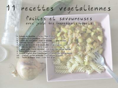 11 recettes vegetaliennes faciles et savoureuses avec juste des ingredients usuels 1.	 Salade de lentilles - Better Than Butter 2.	Gaspacho à la pastèque - Beatrice Mera