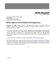 News Release - MFDA Adjourns Kevin Desbois First Appearance
