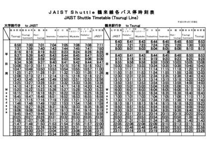 Ｊ Ａ Ｉ Ｓ Ｔ　Ｓ ｈ ｕ ｔ ｔ ｌ ｅ　鶴 来 線 各 バ ス 停 時 刻 表 JAIST Shuttle Timetable (Tsurugi Line） 平成３０年４月１日現在 大学院行き