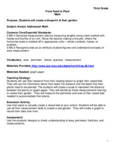 Third Grade From Seed to Plant Math Purpose: Students will create a blueprint of their garden. Subject Area(s) Addressed: Math Common Core/Essential Standards: