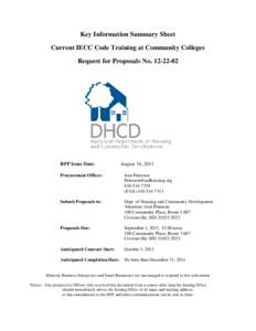 Key Information Summary Sheet Current IECC Code Training at Community Colleges Request for Proposals No[removed]RFP Issue Date: