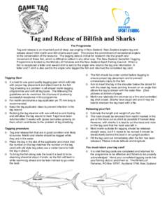 Tag and Release of Billfish and Sharks The Programme Tag and release is an important part of deep sea angling in New Zealand. New Zealand anglers tag and release about 1000 marlin and 300 sharks each year. This shows the