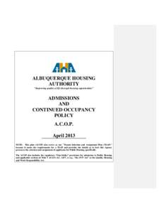 ALBUQUERQUE HOUSING AUTHORITY “Improving quality of life through housing opportunities” ADMISSIONS AND