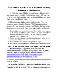Kern County Aging & Adult Services: Notice About In-home Supportive Services (IHSS) - Settlement of IHSS Lawsuits