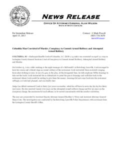News Release Office Of Attorney General Alan Wilson State of South Carolina For Immediate Release April 15, 2013