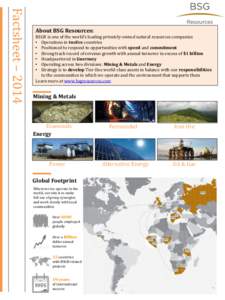 Factsheet – 2014  About BSG Resources: BSGR is one of the world’s leading privately-owned natural resources companies • Operations in twelve countries • Positioned to respond to opportunities with speed and commi
