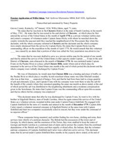 Southern Campaign American Revolution Pension Statements Pension Application of Willis Odom, Natl Archives Microseries M804, Roll 1838, Application #S16993 Transcribed and annotated by Nancy Poquette Graves County, Kentu