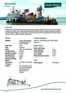 Networker Data Sheet Overview Networker is the first purpose-built cable-working barge in South East Asia. One of the largest vessels of her kind, she is specifically designed to provide shallow water expertise throughou