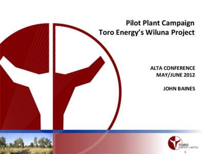 Pilot Plant Campaign Toro Energy’s Wiluna Project ALTA CONFERENCE MAY/JUNE 2012 JOHN BAINES