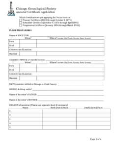 Chicago Genealogical Society Ancestor Certificate Application 	
    