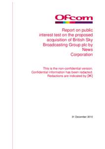 Report on public interest test on the proposed acquisition of British Sky Broadcasting Group plc by News Corporation