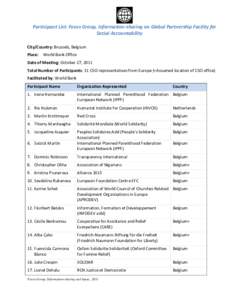 Participant List: Focus Group, Information-sharing on Global Partnership Facility for Social Accountability City/Country: Brussels, Belgium Place: World Bank Office Date of Meeting: October 27, 2011 Total Number of Parti