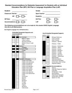 Standard Accommodations for Statewide Assessment for Students with an Individual Education Plan (IEP), 504 Plan or Language Acquisition Plan (LAP) Student: Grade: