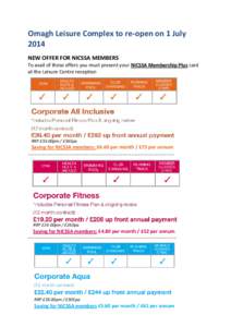 Omagh Leisure Complex to re-open on 1 July 2014 NEW OFFER FOR NICSSA MEMBERS To avail of these offers you must present your NICSSA Membership Plus card at the Leisure Centre reception